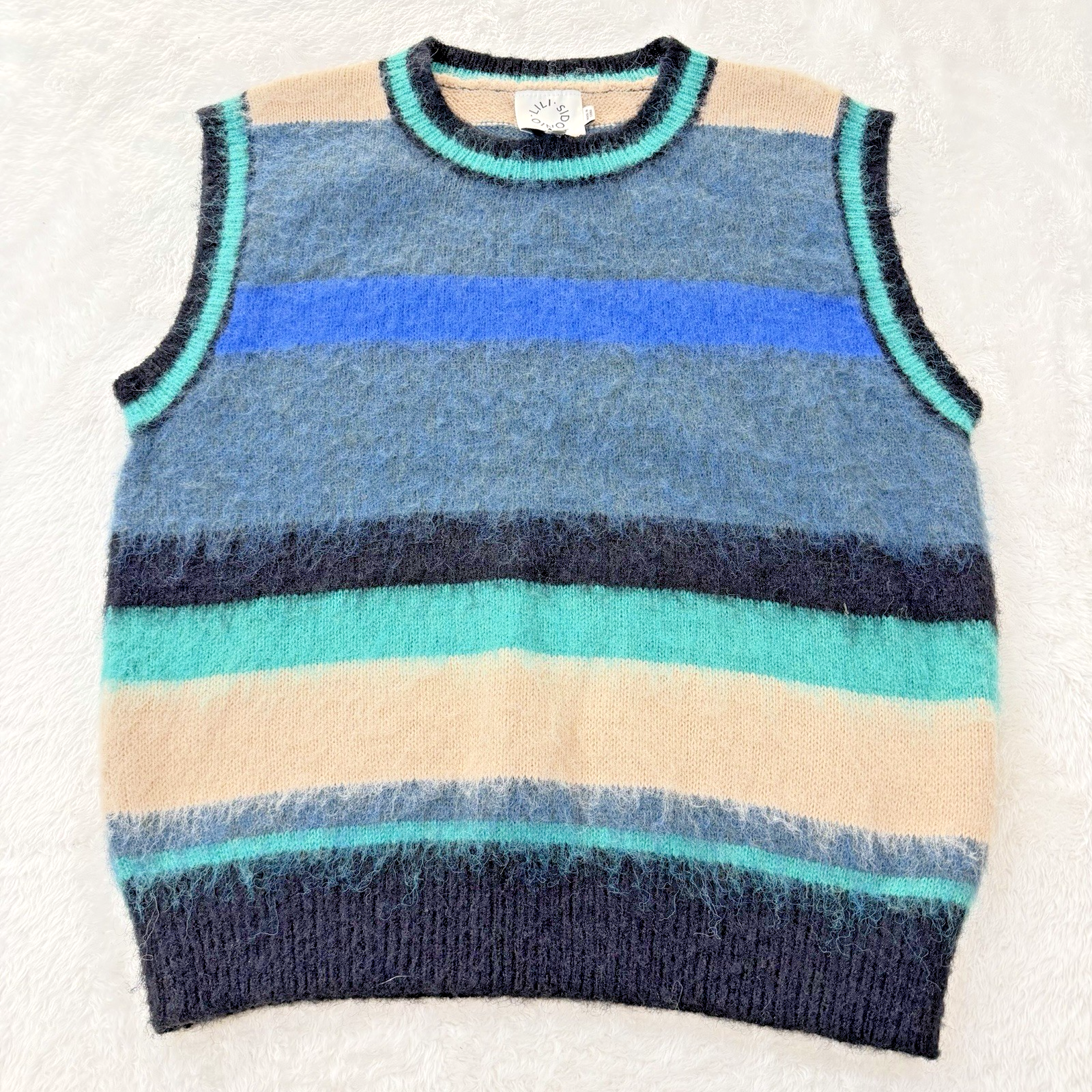 Lili Sidonio Sweater Vest Size Large Multicolor Wool Blend Stripe Fuzzy Academic